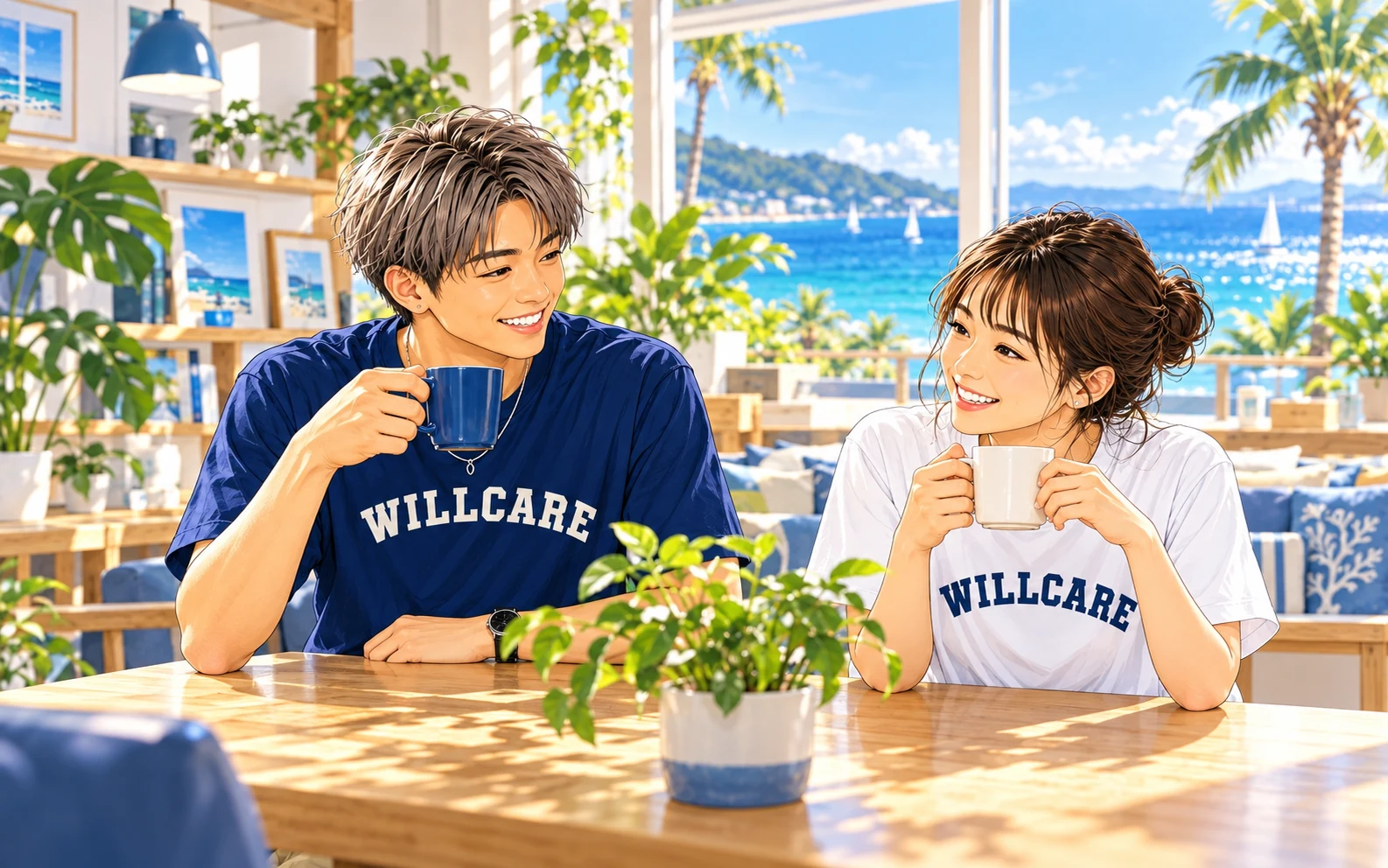 海辺の明るいラウンジで笑顔で話すWILLCAREスタッフ